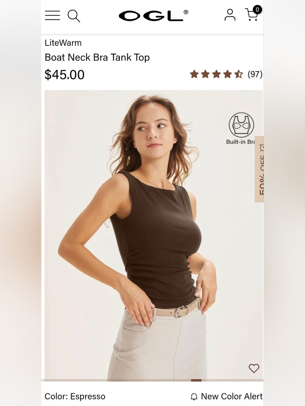 OGL NWT Boat Neck Built In Bra Tank Top — Espresso